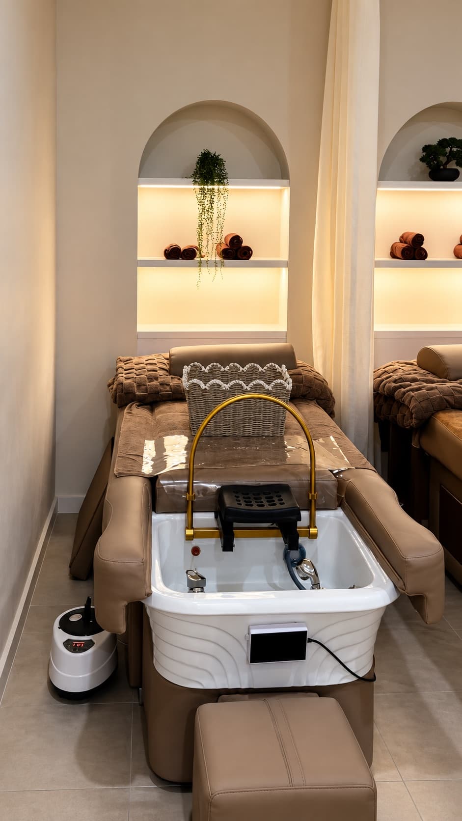 One head spa bed with a sheer curtain beside it and warm-lit shelves behind